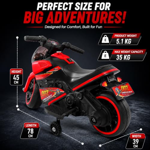 Image of MEKASHI 6V Electric Ride-On Bike for Kids with Bluetooth Music (Red) | Realistic styling with LED headlight, rechargeable battery & smooth ride performance for toddlers aged 1-4 years