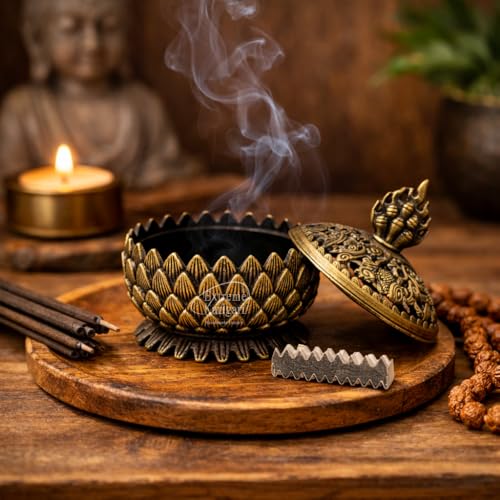 Image of Decorative Lotus Design Dhoop & Agarbatti Stand for Home Temple, Pooja Room, Meditation Decor, Brass Antique Finish Incense Burner