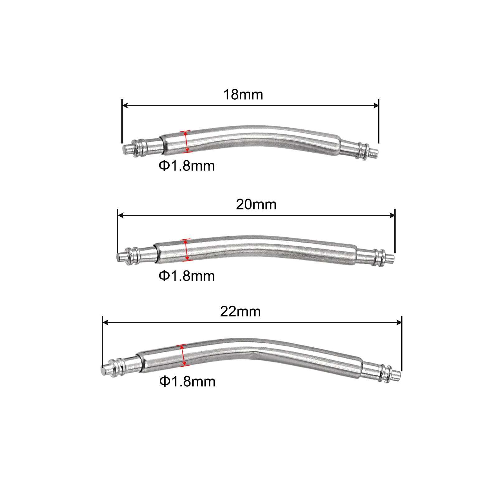 uxcell 18mm 20mm 22mm Curved Spring Bar Pins 1.8mm Dia Stainless Steel Double Flanged End Watch Band Link Pin 60pcs