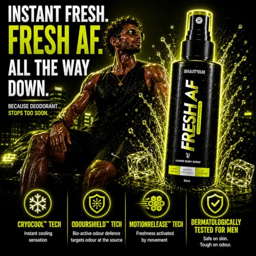 Image of Fresh AF Intimate Spray for Men (750 Sprays) | Pre / Post gym, workout, travel, shower for clean & fresh balls | pH Balanced, Anti-Bacterial, Anti-Odour with Aloe Vera, Neem | Hygiene Spray for Lower body itch control | Forbidden Squeeze - zesty, citrusy, energetic fragrance