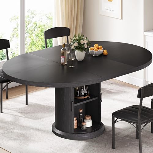 Jocoevol Extendable Round Kitchen Dining Room Table for 4-6 with 2-Tier Storage Shelf, 63'' Space Saving Expandable Wood Oval Circle Dinner Furniture with Pedestal Base(Black)