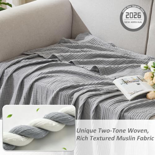 Image of EMME Muslin Cotton Blanket Adults Heather Grey Super King 120 inchx94 inch