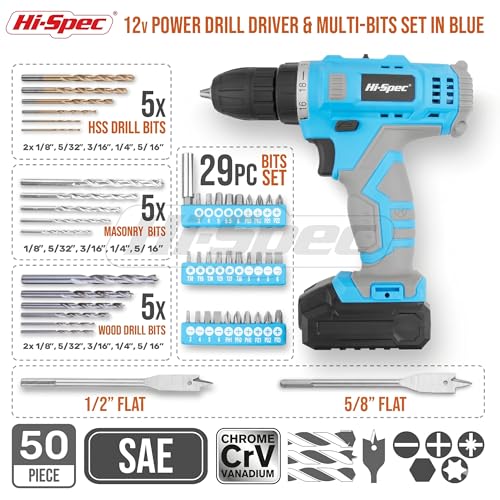 Image of Hi-Spec Cordless Drill Set 50pc 12V Electric Power Driver in a Toolbox Case. Includes Rechargeable Battery, Power Screwdriver Bits, Wood, Metal, and Masonry Drill Bit Set Accessories