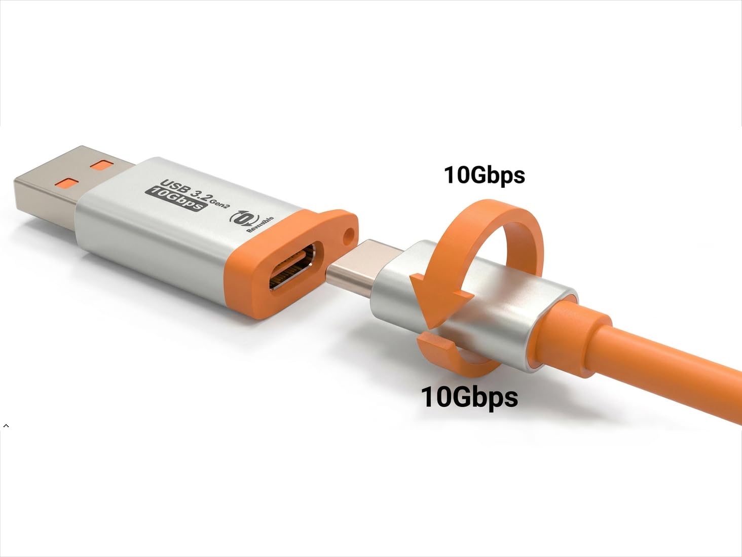 OkyLink Adaptador USB-A a USB-C – USB 3.2 Gen 2 10Gbps transferencia de datos de alta velocidad – Carcasa de aluminio naranja duradera – Puerto reversible USB A macho a USB C hembra para carga rápida