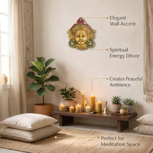 Image of Kalakriti Goddess Durga Face Wall Hanging Navratri Decorative Idol | Golden Finish Beaded Hindu Ambe MATA Bengali Devi Mask for Home Temple, Living Room & Festive Decor (Durga Face)