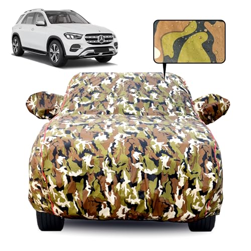 Image of Waterproof Car Body Cover for Mercedes Benz GLE 300D with Mirror Pocket, Soft Cotton Lining, Triple Stitched, Full Bottom Elastic (Heat Resistant Jungle Print with Red Piping)