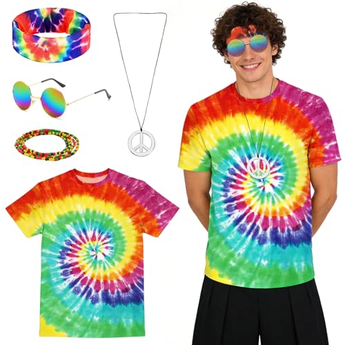 CHENBOOW Disfarce hippie anos 70,5 peças disfarce hippie homem, disfarces hippies homem e mulher, conjunto disfarce hippie anos 60 e 70, para festas, carnaval, disfarces de Halloween