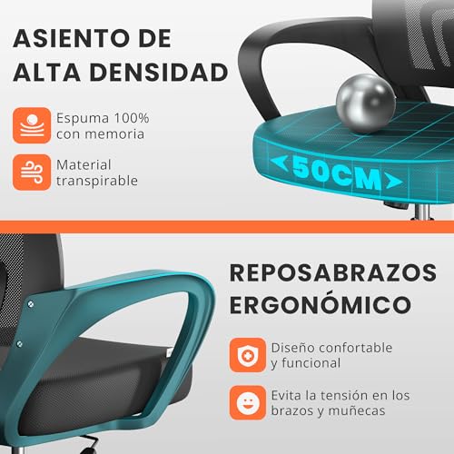 JUPPLIES Silla Escritorio Ergonomica - Silla Oficina con Apoyo Lumbar, Estructura de Plastico, Malla Transpirable, Ruedas Giratorias 360° Soporta hasta 110kg - imagen 5