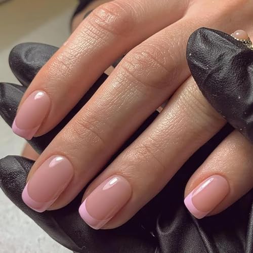 Modelones French Tip Press on Nails Short, Square Spring Fake Nails, Reusable Nail Kit with Nail Glue Adhesive Tabs Mini Nail File, Nails Press Ons 32Pcs 16Sizes, Women Girl Gift, Pink