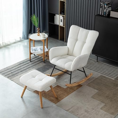 Coolywood Mecedora ergonómica, sillón de salón, incluye almohada y reposapiés (blanco-1)