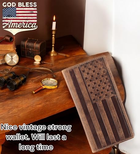 Image of F&L CLASSIC Men's RFID Vintage Look Genuine Leather Long Bifold Wallet Checkbook Wallets,brown flag,240-100