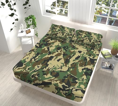 アーミーグリーンシーツシングル迷彩ベッドカバー柔らかい通気性マイクロファイバー 3点セット防ダニ高反発 吸水 速乾 抗菌 防臭 防ダニと 2 枕カバー43x63 cm着脱簡単 丸洗い可能 マットレスカバー100x200x30 cm
