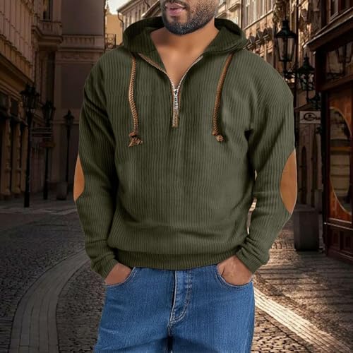 Mens Hoodies Quarter Zip Pullover Casual Corduroy Sweatshirt with Elbow Patches Long Sleeve Pullover Hoodie2