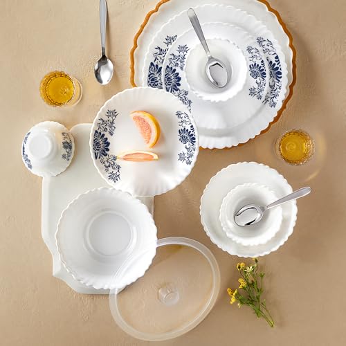 Image of Larah by Borosil 41pc Opalware Silk Series Dinner Set with Steel Spono | for Family of 6 | Microwave & Dishwasher Safe | Bone-Ash Free | Crockery Set for Dining & Gifting | Plates & Bowls (Leona)