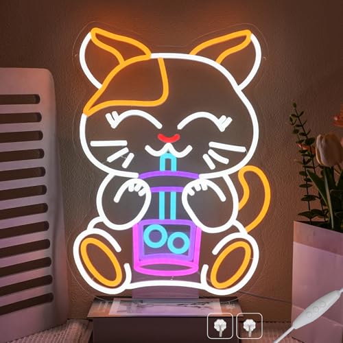 Image of Cat Boba Tea Neon Sign for Wall Decor, Dimmable Cute Cat Neon Light Bubble Tea Led Signs for Cafe Bar Kitchen Restaurant Coffee Store Bar Milk Tea Shop