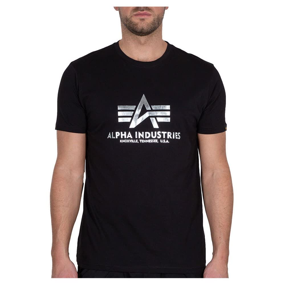Alpha Industries Basic Foil Print T-Shirt for Men, Black/Metalsilver, M