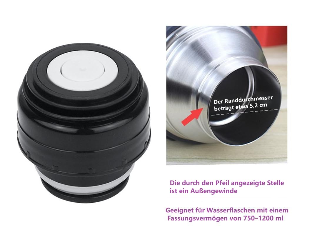 1 tappo per borraccia in acciaio inox da 5,2 cm, coperchio isolante universale per thermos e bottiglie sportive, nero (isolamento sottovuoto, lavabile in lavastoviglie)