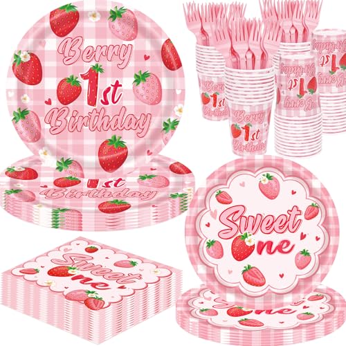 Image of REDWORD Berry First Birthday Decor, 120Pcs Strawberry 1st Birthday Decorations with Plates Napkins Forks Cups Supplies for Girl First Sweet One Birthdays Party Decorations-Serves 24