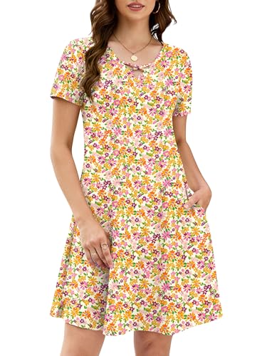 Image of KORSIS Women's Dresses Summer Casual T-Shirt Short Sleeve Criss Cross V Neck Swing Beach Vacation Sundress Dress with Pockets