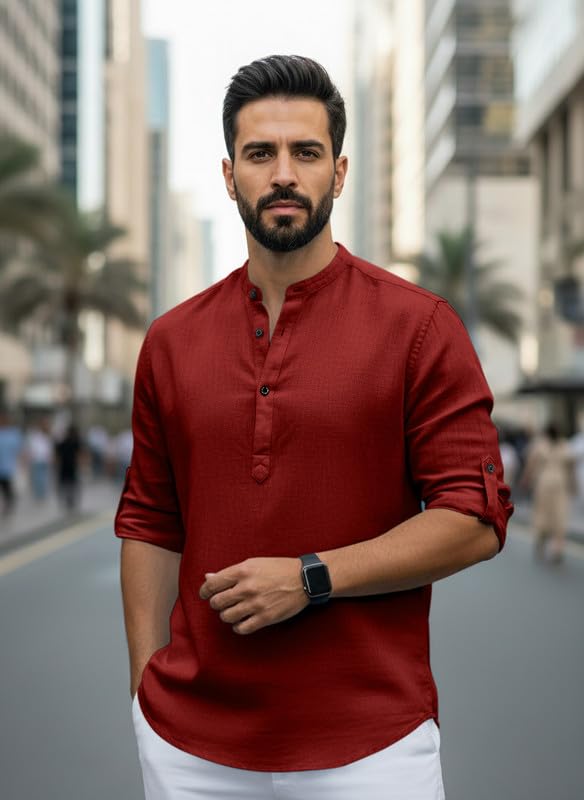 Image of Men Cotton Blend Mandarin Collar Casual Kurta Shirt | Roll-Up Sleeves | Regular Fit Ethnic Short Kurta for Daily