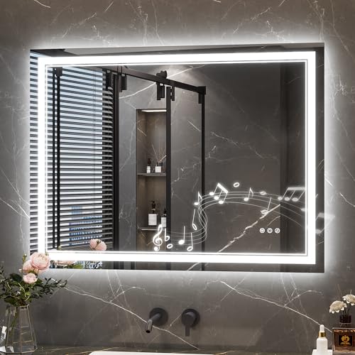 Keonjinn 40 x 30 Lighted Mirrors for Bathroom Wall with Bluetooth Speaker Frontlit & Backlit LED Bathroom Mirror Bluetooth Mirror Bathrooms Tempered Glass Defogging 3 Color Lights Dimmable