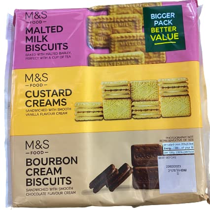 M&S Bigger Value Trio Pack Malted, Custard Creams and Bourbon Cream Biscuits Sections 500g (Pack of 2) In Premier Life Store Box