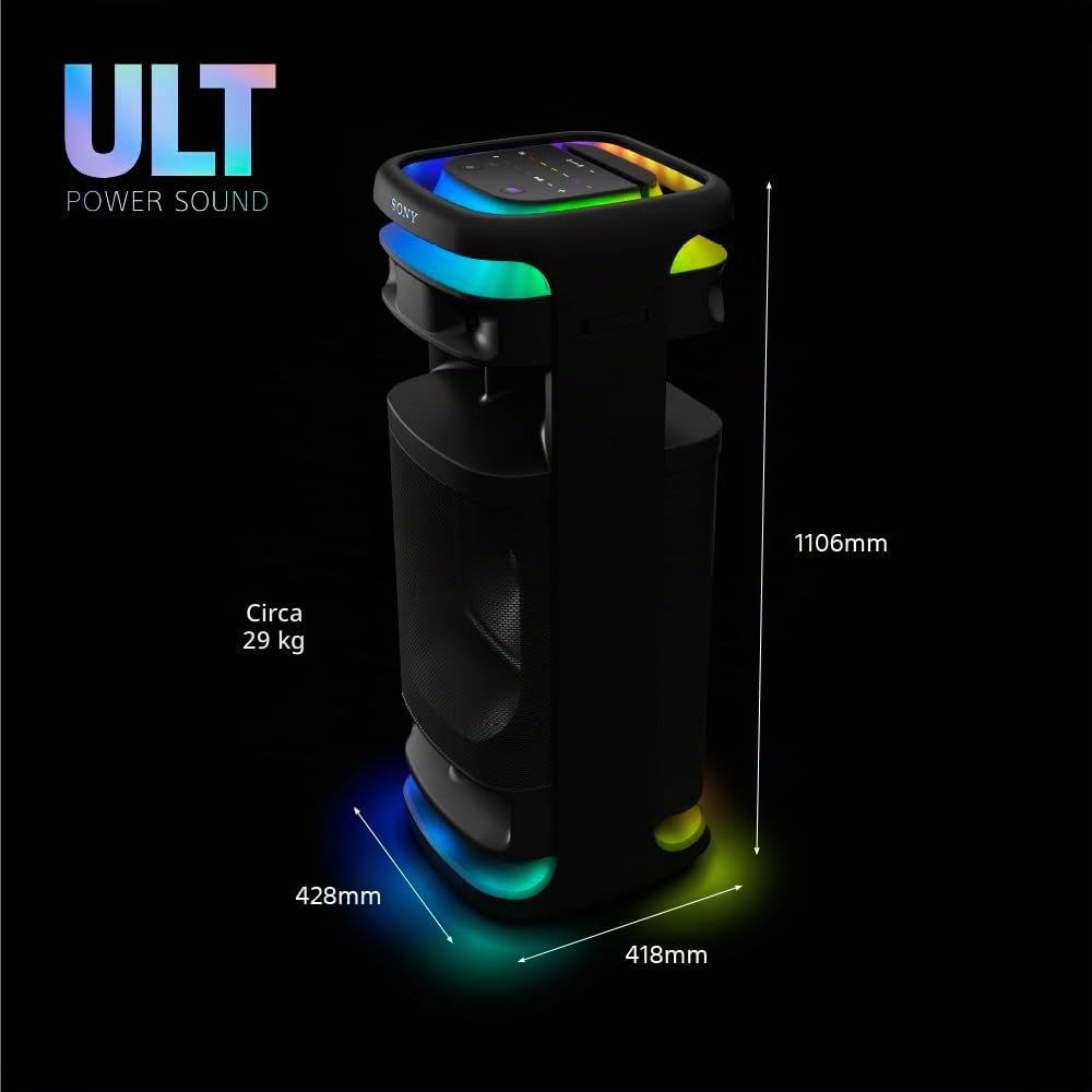 Sony ULT TOWER 10 - Altoparlante Bluetooth per feste con ULT POWER SOUND, bassi profondi, altoparlanti X-Balanced, luci a LED a 360 gradi, microfono wireless, portatile, con maniglia e ruote - Black