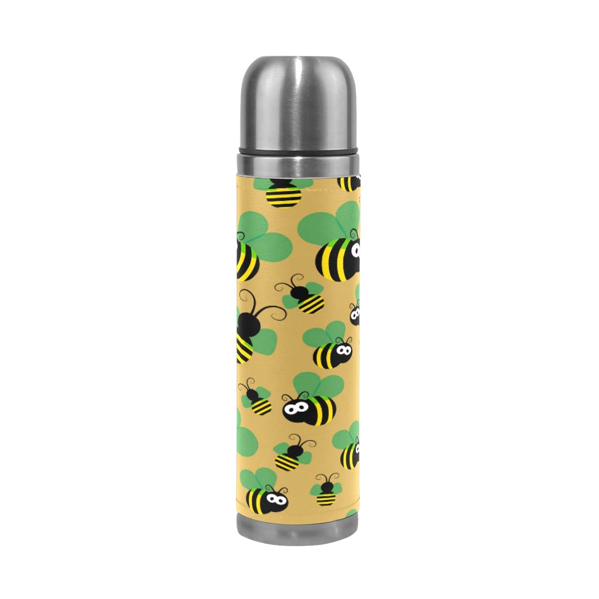 Taza de viaje aislada al vacío de acero inoxidable con doble pared a prueba de fugas, diseño de abejas con estampado personalizado impreso en piel auténtica, termo de 500 ml