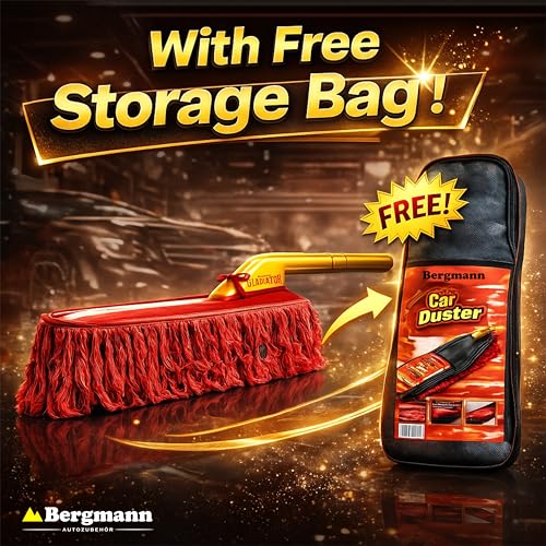 Image of Bergmann Gladiator Platinum 2 Wax-Baked Car Duster | Sturdy Real Wooden Handle | Dense Soft 100% Cotton Fibres with Wax Coating | Scratch-Proof | with Carry Case | Suitable for Cars & Bikes | Red
