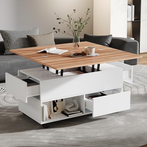 Mesa de centro 100 x 50 x 52 cm con 4 ruedas, mesa de salón multifuncional con 4 cajones, mesa de café elevable, mesa de sofá, mesa auxiliar y mesa de comedor con espacio de almacenamiento, color