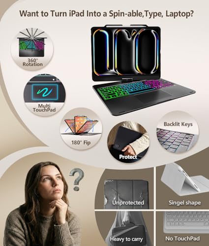 Image of BABG for iPad Air 13 inch(M4 /M3 /M2) case with Keyboard&iPad Pro 13(M5 /M4),360Swivel,7 Use Modes,Rainbow Backlight Keyboard for iPad Pro 12.9(6th /5th /4th /3rd Gen)-Black