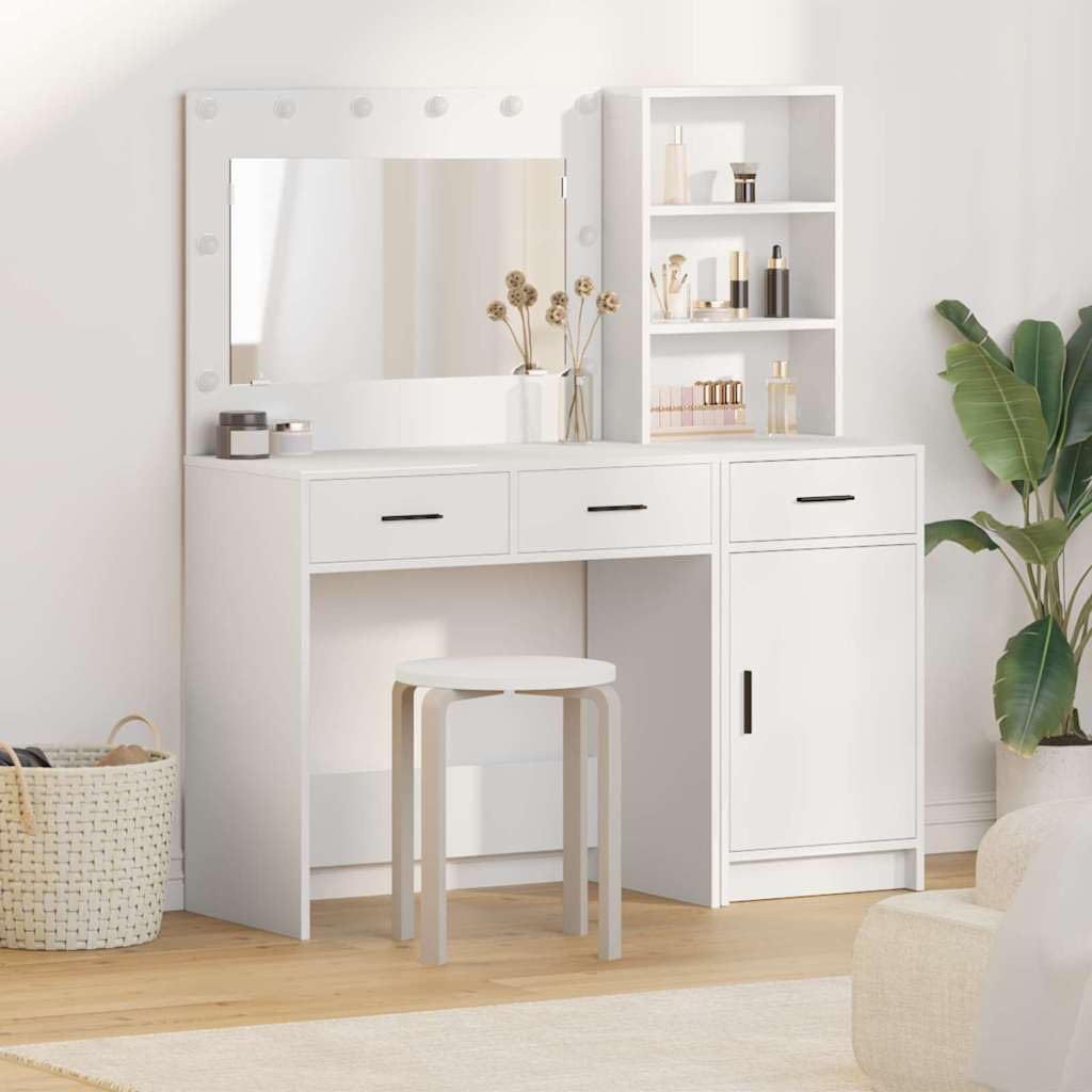 Tocador de tocador, cosmético, mueble de maquillaje, espejo con iluminación, cajón y espacio de almacenamiento, organizador de madera para dormitorio, vestidor y habitación de niña, moderno