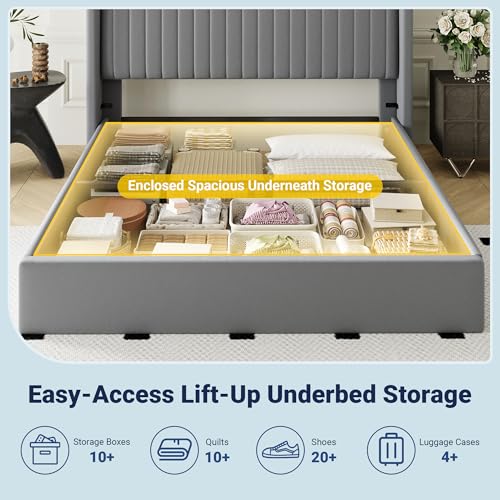 Image of Allewie Queen Size Lift Up Storage Bed Frame Channel Tufted Headboard Grey