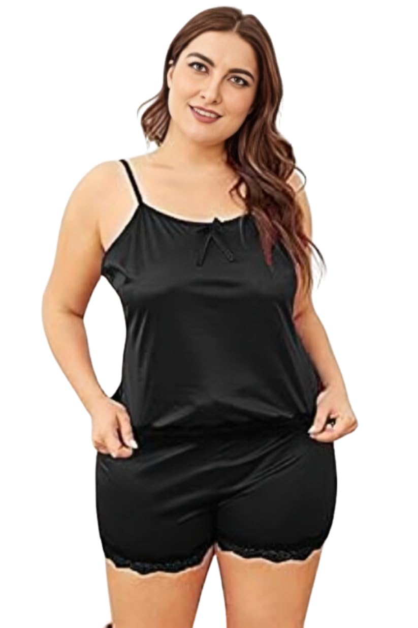 Women's Plus Size Satin Camisole Sleepwear Set with Lace Trim, Sleeveless Top & Matching Shorts Babydoll Nightwea Set-image-48
