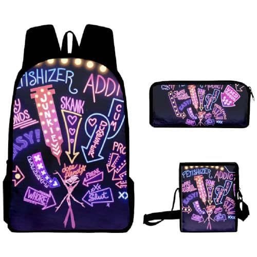 Schoolbags Set 3 Pezzi Hazbin Hotel 3D Anime Stampa Zaino Tre Set di Stagione di Apertura Studente Cartella Borsa Satchel Bag+Astuccio+Zaino A Tracolla Tipo 9 40x30x17cm Cartone