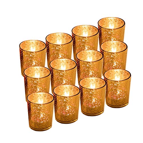 GUIFIER Juego de 12 Candelabros de Velas en Cristal Soporte para Portavelas para Velas LED de té Portavelas de Cristal Dorado 2,67 "H Candelita Candelero Oro Vidrio Mercurio para Navidad Fiestas Cover