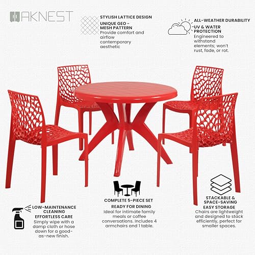 Image of Supreme Web Chair & Marina Table 5-Piece Set | Heavy Duty Plastic 4-Seater Dining Set for Living Room, Garden, Cafe & Outdoor Balcony, Color: Red
