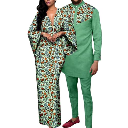 African Women Print V-Neck Long Fishtail Dress Matching Clothes Couple Outfits Dashiki Men Clothes Shirt and Pant Sets(Style3,Men-Small)