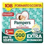 Pampers Baby Dry Mutandino Junior, Taglia 5 (12-18 kg), Formato Scorta, Barriera Stop&Protect, Anti-Fuoriuscite, Fascia Elastica, Asciutto 12h, Cambio Facile, 108 Pannolini Bambino + 500 Punti Omaggio