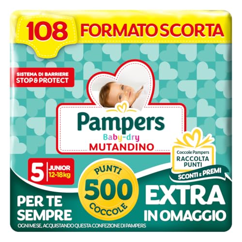 Pampers Baby Dry Mutandino Junior, Taglia 5 (12-18 kg), Formato Scorta, Barriera Stop&Protect, Anti-Fuoriuscite, Fascia Elastica, Asciutto 12h, Cambio Facile, 108 Pannolini Bambino + 500 Punti Omaggio