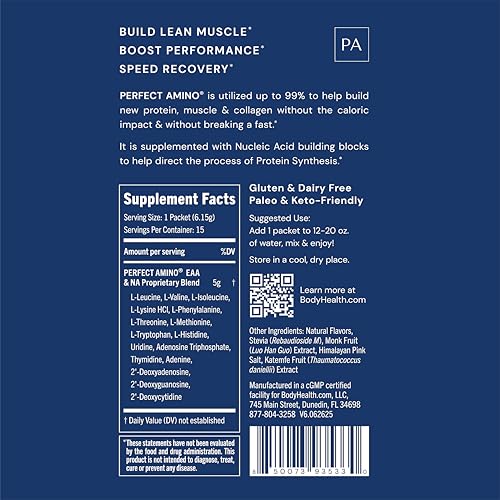Image of BodyHealth PerfectAmino Powder - BCAA and EAA Powder for Pre and Post Workout - Amino Acid Energy Drink for Men and Women to Support Lean Muscle and Recovery - Chocolate - Stick Packs - 15 Servings