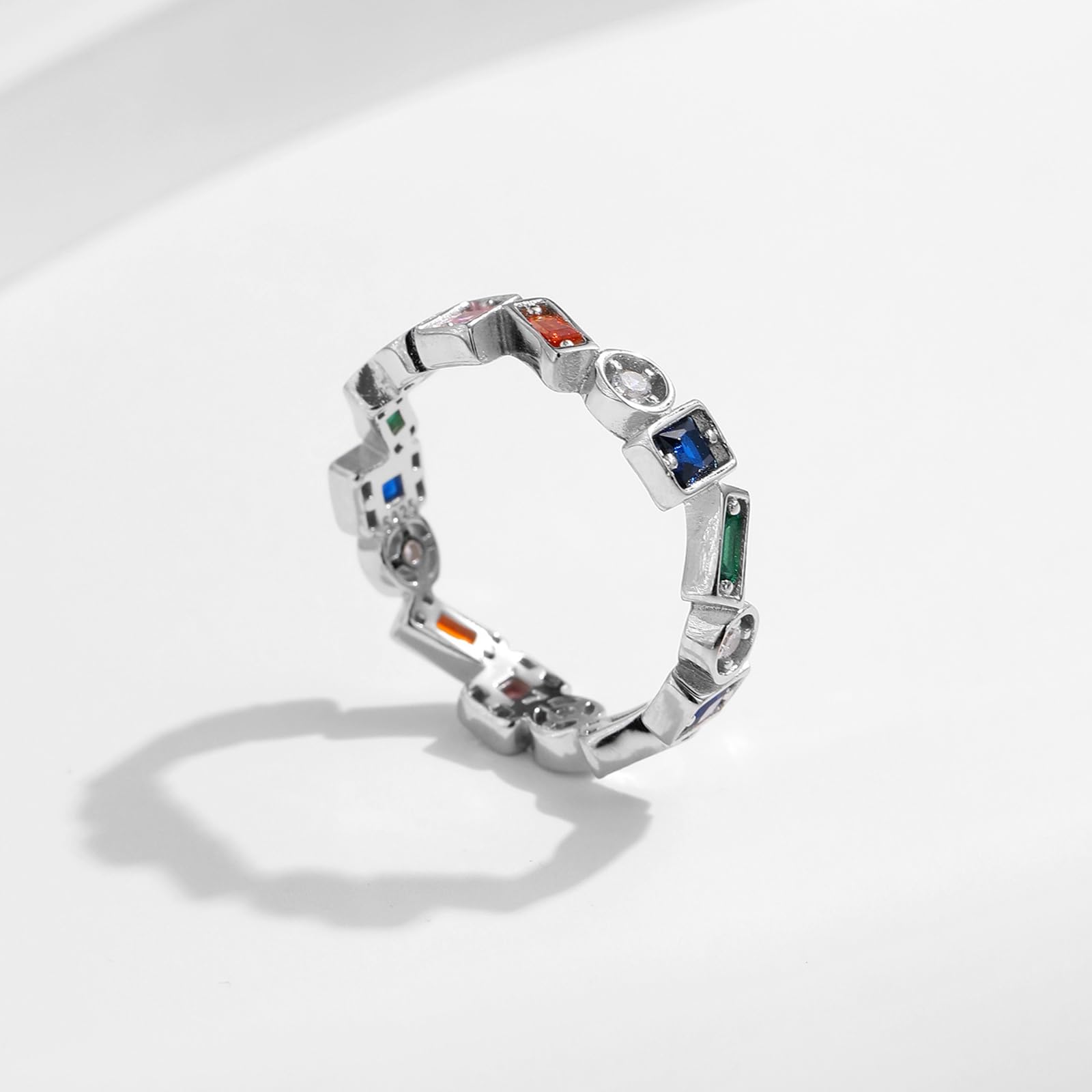 Anello Nuziale, Donna Oro Bianco Intarsio di Forma Geometrica con Pietre preziose Colorate