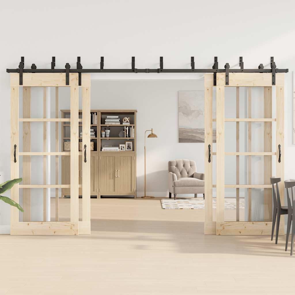 Juego de herrajes para puerta corredera de 366 cm de acero con recubrimiento en polvo negro con riel para puerta, ruedas y soporte de derivación para puertas de granero, armarios, despensas