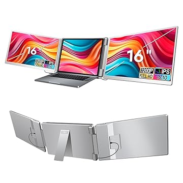 16'' Extensor de Tela para Notebook, 1080P FHD Tela Tripla para Notebook Monitor Portatil, Plug & Play tipo C/HDMI/USB-A, Chrome para laptop de 12 a 18,5 polegadas