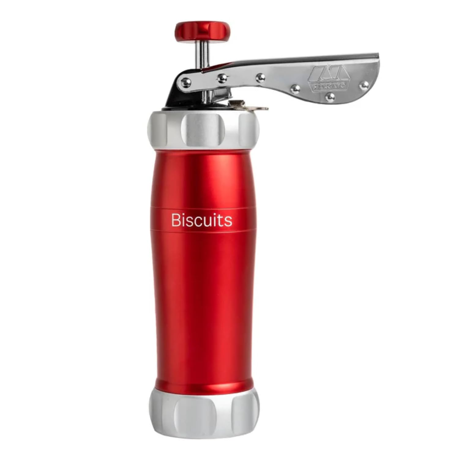 MARCATO Sparabiscotti, Macchina per Biscotti Biscuits Rossa, Alluminio Anodizzato, 20 Forme Incluse, 2 Dimensioni Possibili, 25x10x5 cm, Facile da Usare e Pulire, Linea Design, BI-DES-RSO