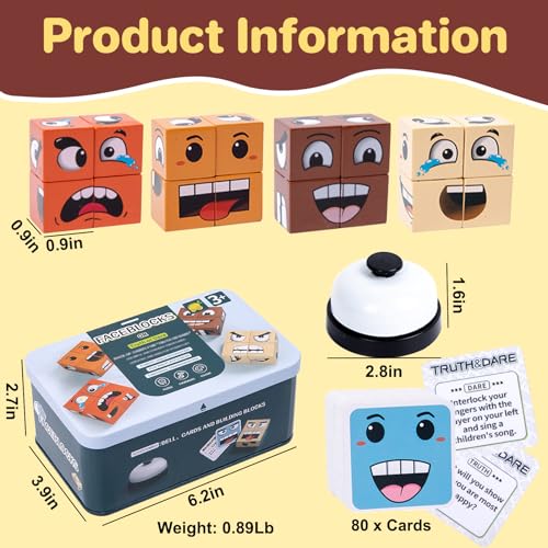 Image of Face Changing Magic Cube Game, Wooden Expression Puzzle Block Games, Fine Motor Skills Board Games for Kids & Adults with Bell