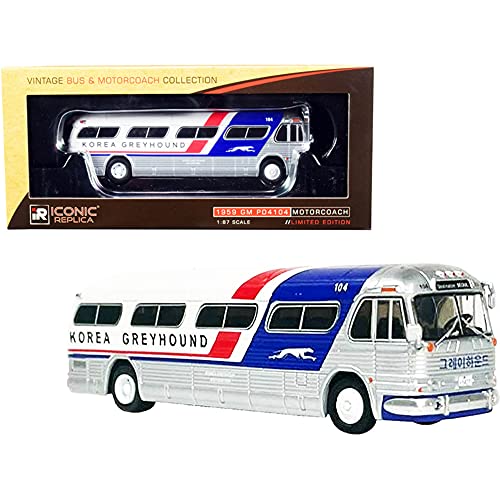 1959 GM PD4104 Motorcoach Bus Seoul Korea Greyhound Silver and White with Red and Blue Stripes 1/87 (HO) Diecast Model by Iconic Replicas 87-0299