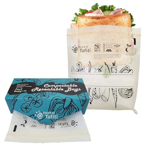 Heart of Tafiti Compostable Sandwich Bags - Extra Thick Resealable Zipper Closure Snack & Food Bags - 50 Count (6.7 x 6.8) - BPI & OK Compost Certified Eco-Friendly Reusable