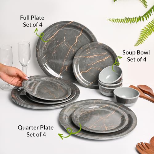 Image of MARKET 99 Heavy-Duty Grey Static Melamine Dinner Set - 12 Pcs | Includes 4 Full Plates, 4 Quarter Plates & 4 Soup Bowls | Durable Dinnerware for Daily Use, Family Meals, Parties & Kitchen Decor