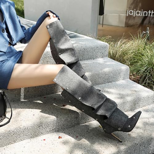 Aflngle Women's Denim Knee High Boots Pointed Toe Stiletto High Heel Zipper Long Boots Detachable Snap-Off Wide Slouchy Ruched Panel Fall Shark Boots4